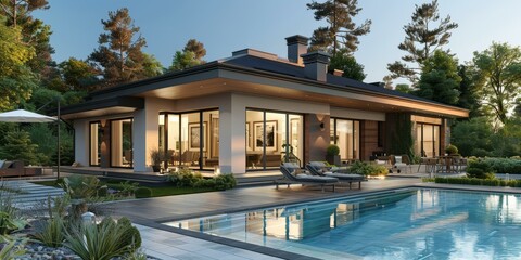 Fototapeta premium Modern Luxurious House with Pool and Garden