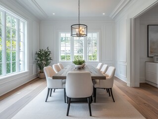 Fototapeta premium Black wood table with white chairs, neutral walls, and soft lighting to create an elegant atmosphere