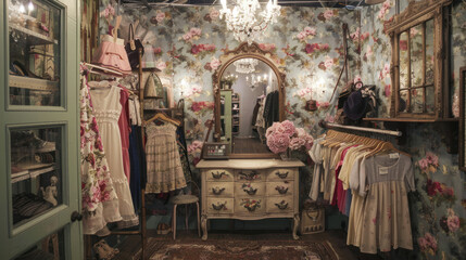 Cozy boutique selling vintage dresses and accessories, with floral wallpaper, antique mirrors, and chandeliers creating a nostalgic atmosphere.