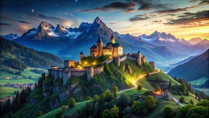 Naklejka premium Majestic Fortress Mountain Surrounded by Lush Green Valleys and Clear Blue Skies in Nature's Splendor