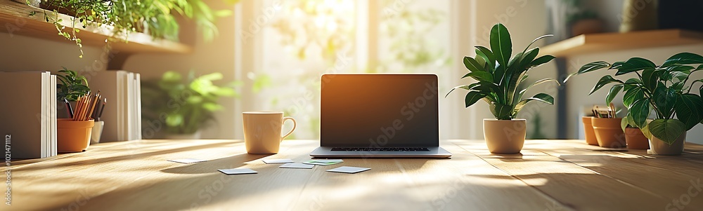 Aufkleber a bright workspace featuring a laptop surrounded by potted plants, creating a fresh and inviting atm