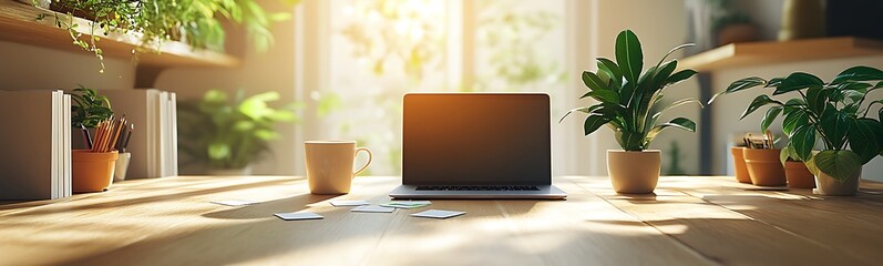 Fototapeta premium A bright workspace featuring a laptop surrounded by potted plants, creating a fresh and inviting atmosphere for productivity.