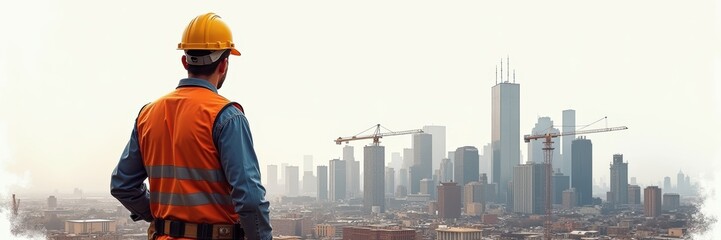 A construction worker in a safety vest and hard hat looks over a city skyline with cranes, symbolizing growth and development in urban construction.