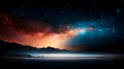 Fototapeta premium Ethereal Interstellar Landscape Glimmering stars in various hues suspended in a captivating night sky creating a serene and tranquil atmosphere over a remote mountain setting This high definition