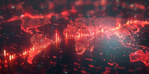 Obraz premium Red glowing circuit board with world map in background