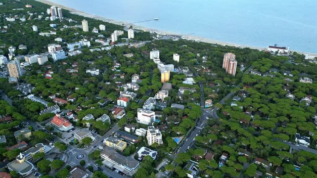 Lignano Pineta at sunset. View from above. Architecture on the sea