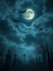 Graveyard at night - spooky cemetery with moon in cloudy sky and bats halloween backdrop