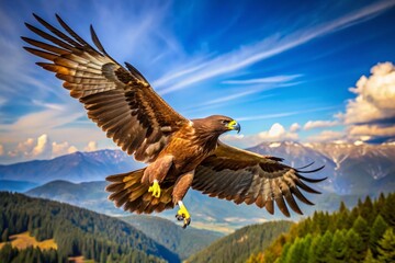 Obraz premium Majestic golden eagle soaring gracefully against a clear blue sky in a breathtaking natural setting