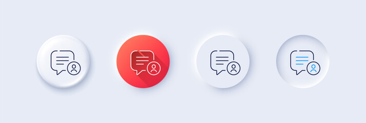 Chat bubble line icon. Neumorphic, Red gradient, 3d pin buttons. Speech dialogue box sign. Friend message symbol. Line icons. Neumorphic buttons with outline signs. Vector