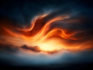 Obraz premium Ethereal sunset sky with fantastical cloud shapes warm glowing light wispy cirrus formations dreamy mood pastel tones soft focus romantic era and idyllic countryside setting