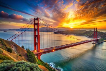 Fototapeta premium Majestic Golden Gate Bridge at Sunset with Vibrant Colors and Serene Water Reflections in Bay Area