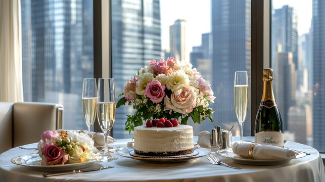 Luxurious Birthday Celebration in Penthouse Suite with Gourmet Cake and Champagne Setting