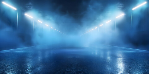 Fototapeta premium Background With Smoke Dark Street Scene with Neon Lights and Smoke Floating Up for Product Display spotlight on stage.