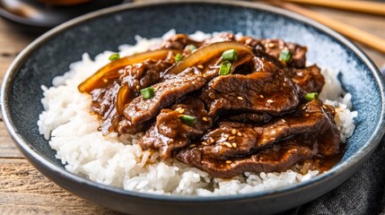 Delicious beef dish served on a bed of rice