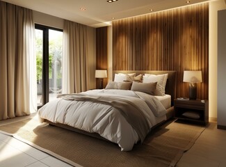Modern Bedroom Interior Design with Wooden Wall