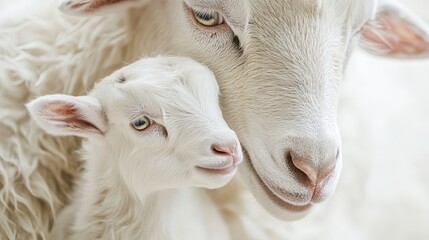 Fototapeta premium Tender Moments: Mother White Goat Nuzzling Newborn Kid in Barnyard - High-Quality Product Photography with Realistic Cinematic Lighting