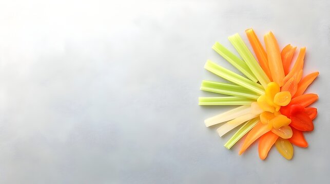 Minimalist top down composition showcasing an array of freshly sliced carrot batons celery sticks and multi colored bell pepper strips artfully arranged on a clean