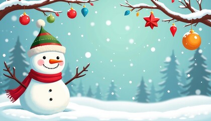 Fototapeta premium A cheerful snowman in a winter wonderland with colorful ornaments hanging from snowy trees