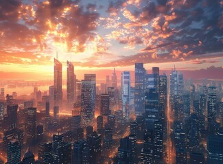Fototapeta premium Sunrise over Futuristic Cityscape