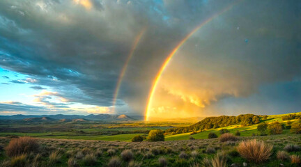 Naklejka premium A Vibrant Rainbow Over Landscape After Storm – Hopeful Scene with Dark Clouds and Sunlight, Symbolizing Brighter Days Ahead.