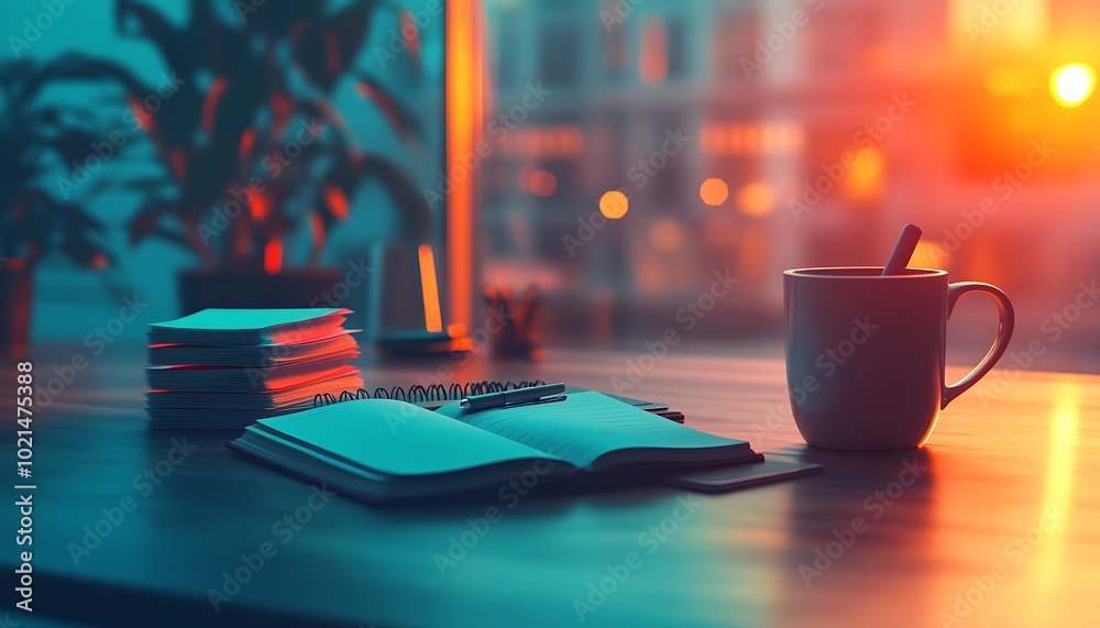 Poster a serene workspace featuring an open notebook, stacked notebooks, and a steaming coffee cup, illumin