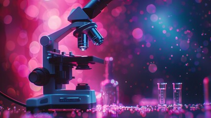 Close-up of a microscope with a pink and blue background