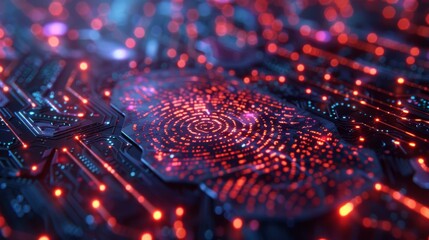 Red glowing circuit board with fingerprint scanner