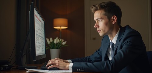 Fototapeta premium A focused young professional in a suit working on a computer, exemplifying modern business and office environments.