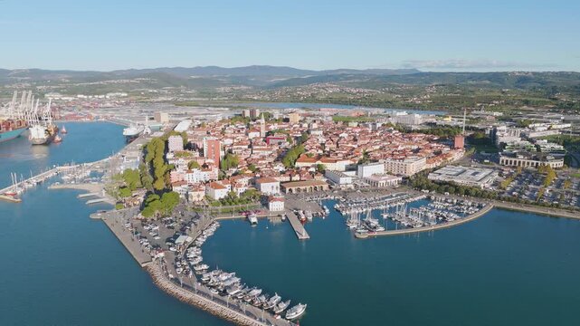 Aerial drone video of the coastal harbour town of Koper in Slovenia.