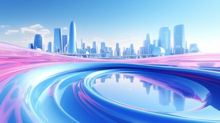 Blue and pink futuristic city with skyscrapers and highways