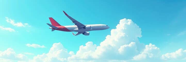 Obraz premium A modern airplane soaring through a clear sky, symbolizing travel and adventure, ideal for aviation, tourism, or transport related content.