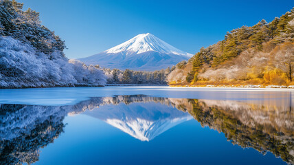 氷結した湖に映る富士山、2025年元旦の清冽な景色