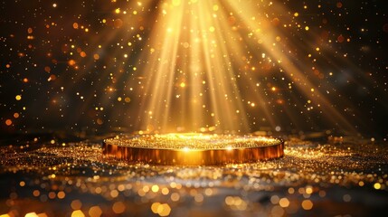 Golden glittering particles and lights background with empty stage pedestal