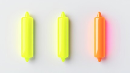 Three neon highlighters in yellow and orange perfectly aligned on a white background glowing brightly for educational or office supply-related concepts.. Generative AI