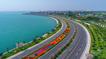 Aerial view of a highway meandering along a coastal stretch with vibrant flowers and greenery
