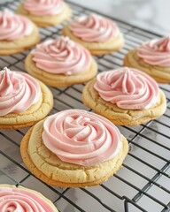 Cookies with Pink Rose Frosting on Wire Cooling Rack