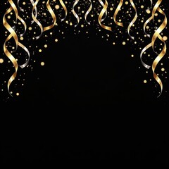 Celebrate with this elegant black background adorned with shimmering gold ribbons and confetti, perfect for invitations, party decor, and festive promotions.