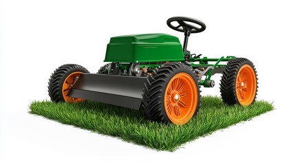 Obraz premium Green lawn aerator with orange wheels on a grass patch ideal for gardening and lawn care design elements. Generative AI