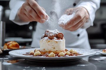 Chef in a white uniform adding the final touches to a dessert, sprinkling powdered sugar over a plate, gourmet pastry in a luxury restaurant.
