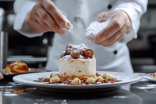 Chef in a white uniform adding the final touches to a dessert, sprinkling powdered sugar over a plate, gourmet pastry in a luxury restaurant.