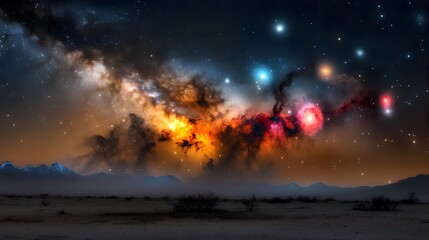 Breathtaking starry night sky captured in a remote location with minimal light pollution showcasing a dense luminous tapestry of celestial bodies in a dramatic cinematic art nouveau style composition