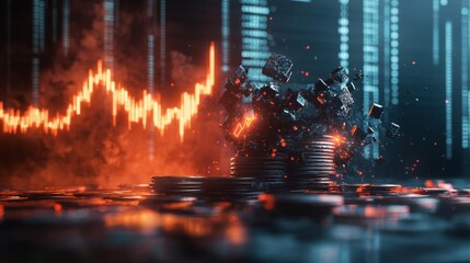 A pile of coins is on a table with a graph of numbers behind it