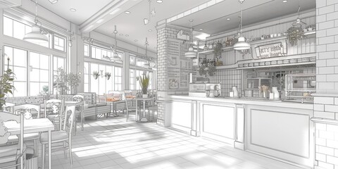 Obraz premium Contemporary café design featuring spacious interior and abundant natural light in a city setting