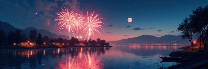 A stunning display of fireworks over a tranquil lake at dusk, showcasing vibrant colors and a serene landscape perfect for celebrations or festive themes.
