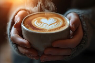 Close-up of Hands Holding a Steaming Cup of Coffee, With Latte Art in the Shape of a Heart, Set Against a Backdrop of a Cozy Café With Soft Lighting and Wooden Accents