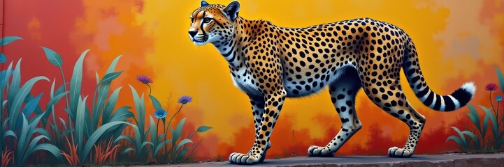 A vibrant mural of a cheetah set against a colorful background, showcasing the beauty of wildlife art. Perfect for animal conservation, decor, and creative industries.