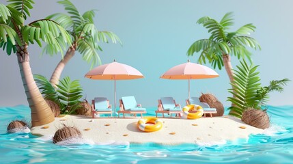 3D rendering of a tropical island with palm trees, beach chairs, and pink umbrellas