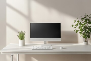 Fototapeta premium A minimalist office setup featuring a sleek white desk, a single monitor, a wireless keyboard and mouse, and a small plant, set against a neutral-toned background for a clean, focused look 