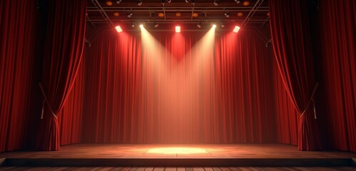 A captivating theater stage with red curtains and warm spotlights, perfect for showcasing performances, events, and artistic presentations.