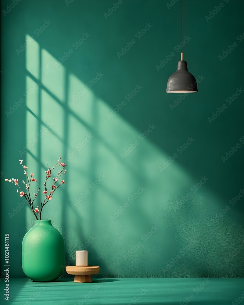 Poster minimal 3d studio setting with a deep green backdrop showcasing a sleek product display stand striki